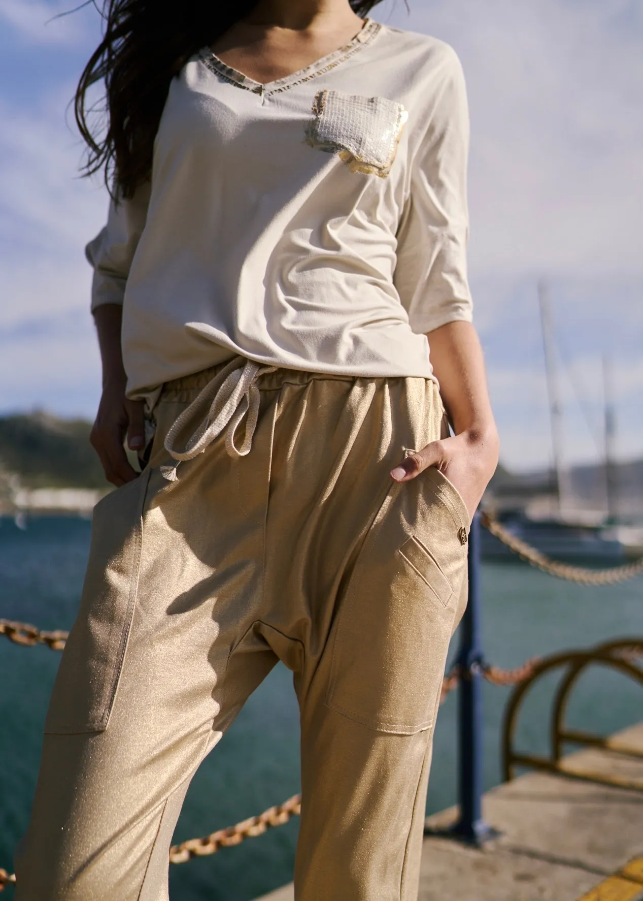 Italian Cargo Jogger with Side Pockets in Gold