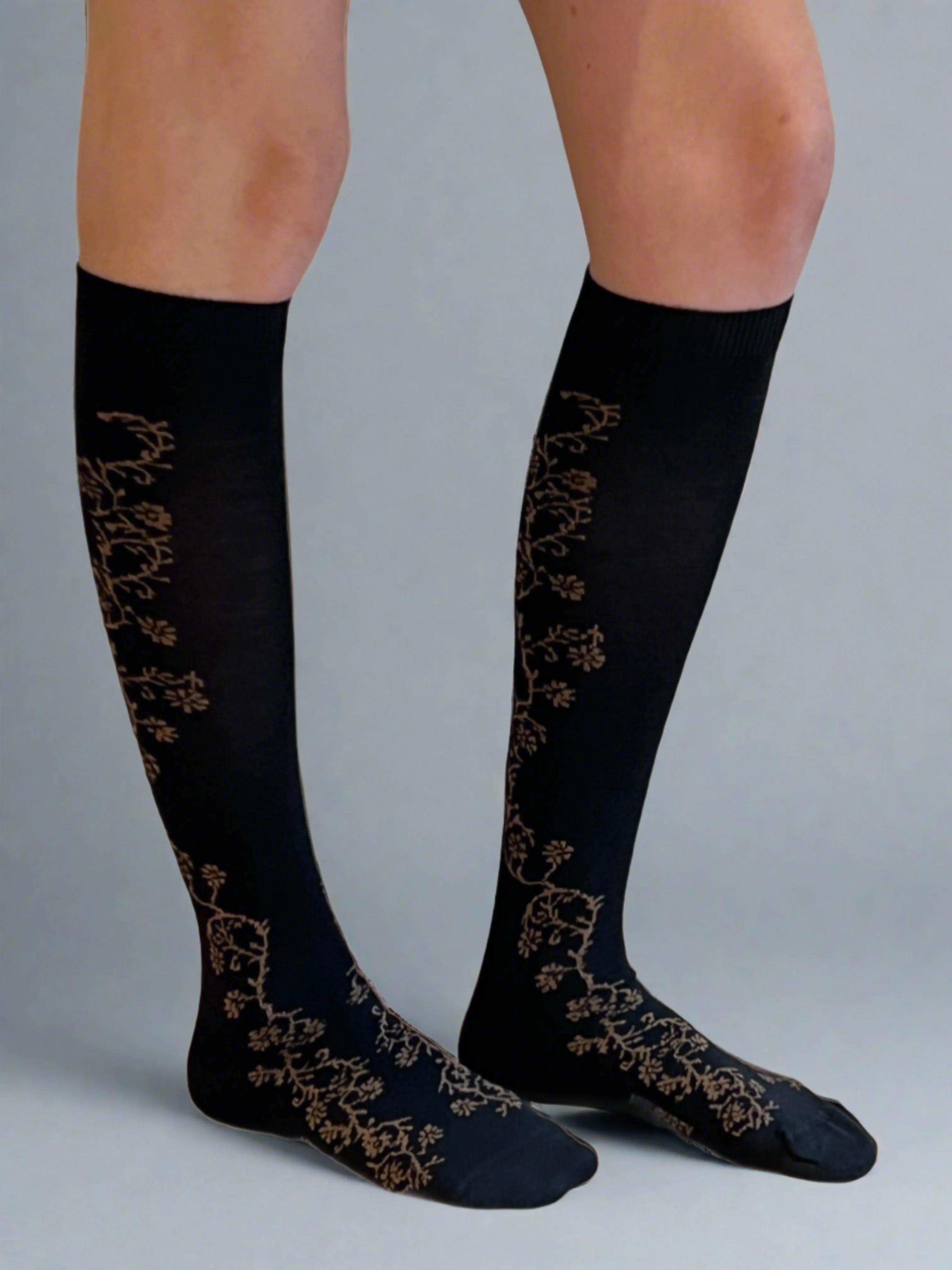 Jasmine Vine Black Merino Wool Women's Knee High Socks - Aussie Made