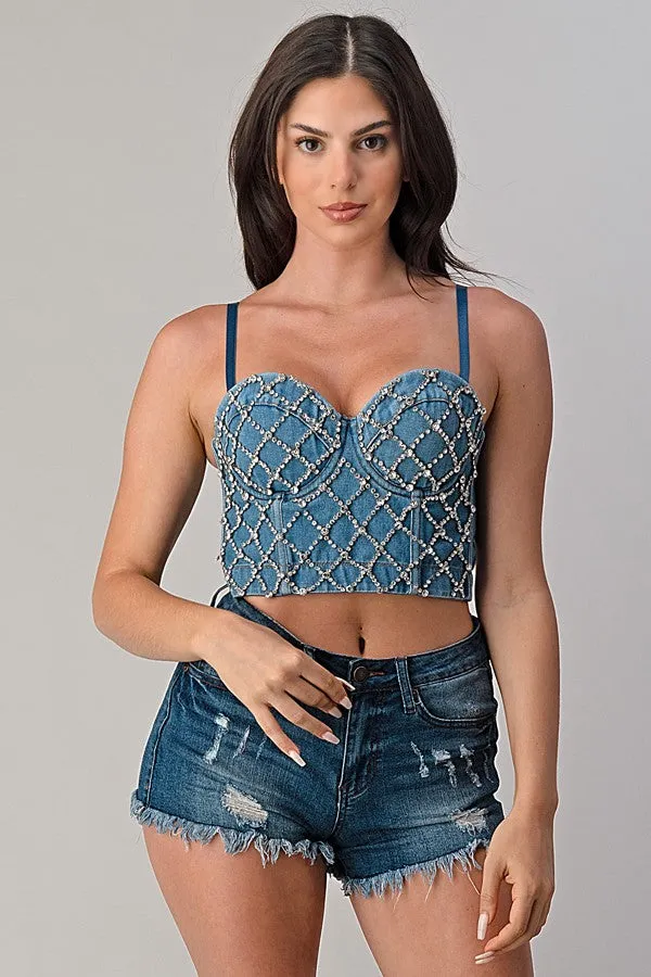 Jaya Rhinestoned Denim Crop Top