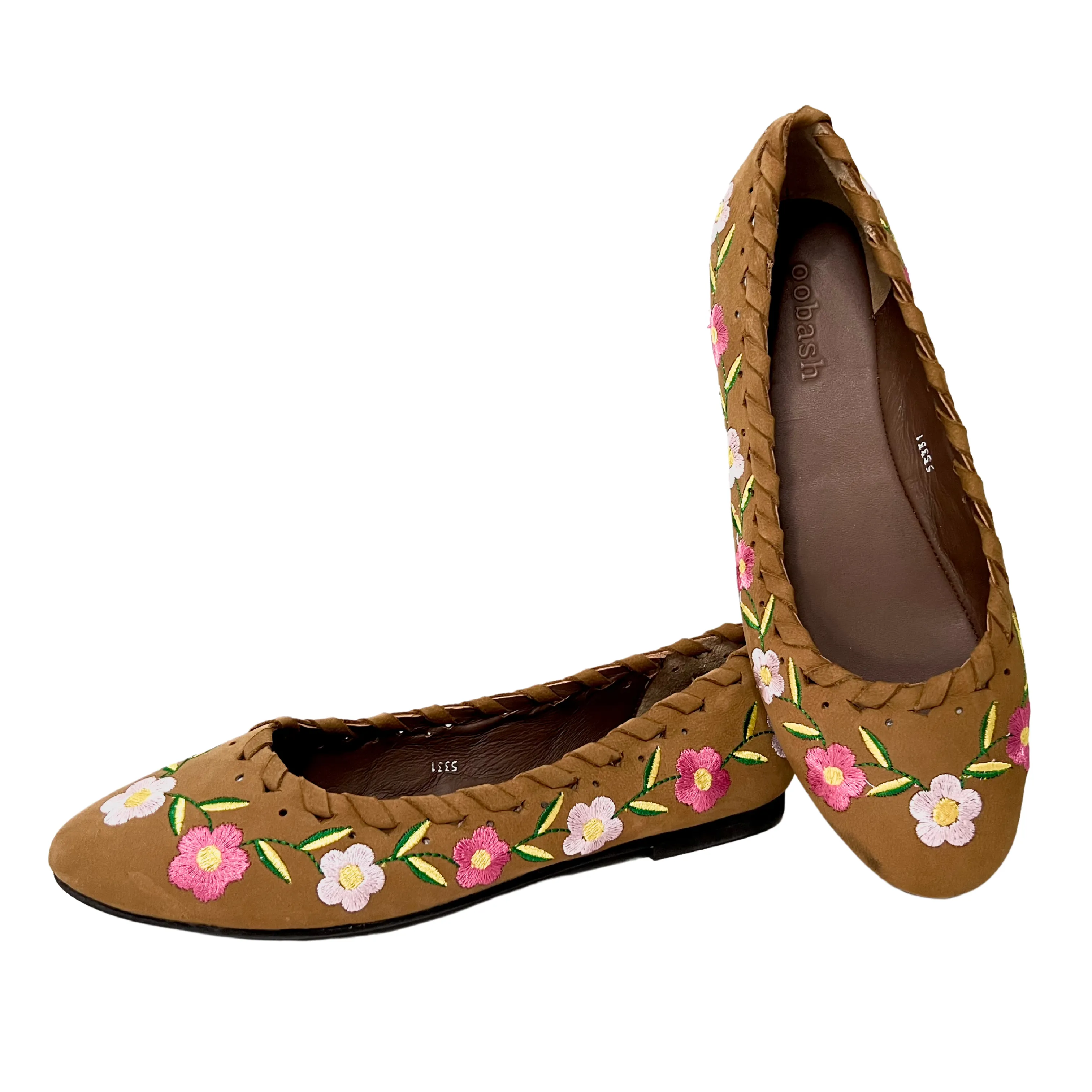 June Tan leather Flower embroidered Ballerina