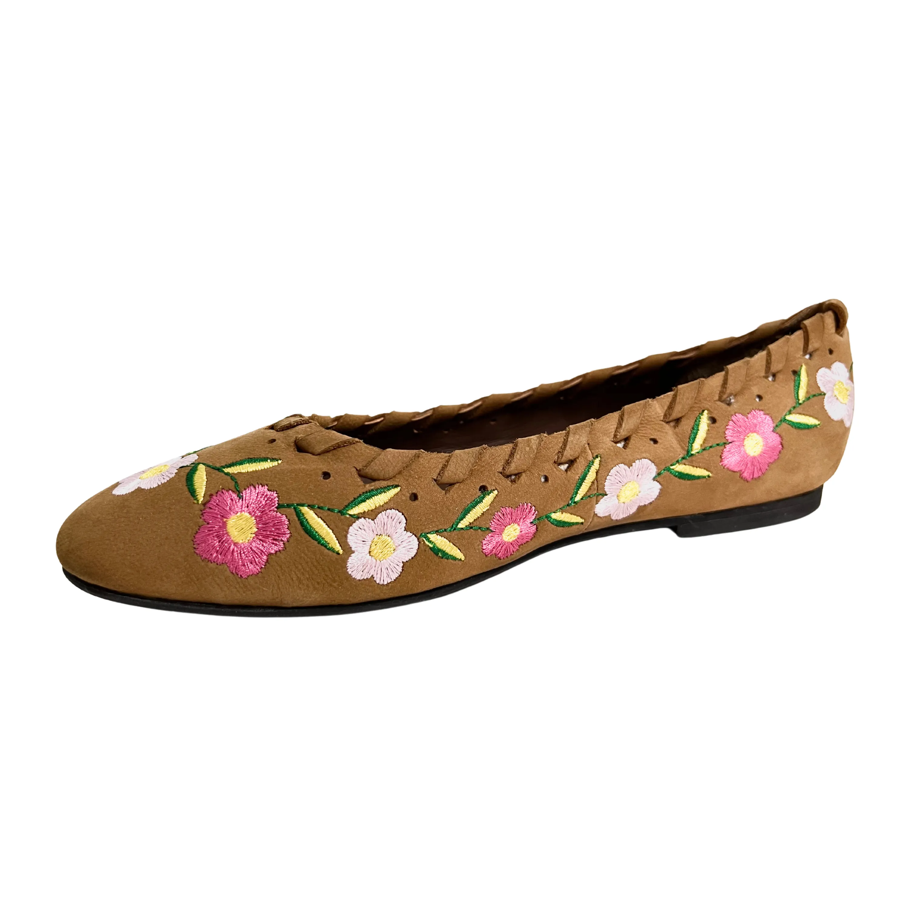 June Tan leather Flower embroidered Ballerina