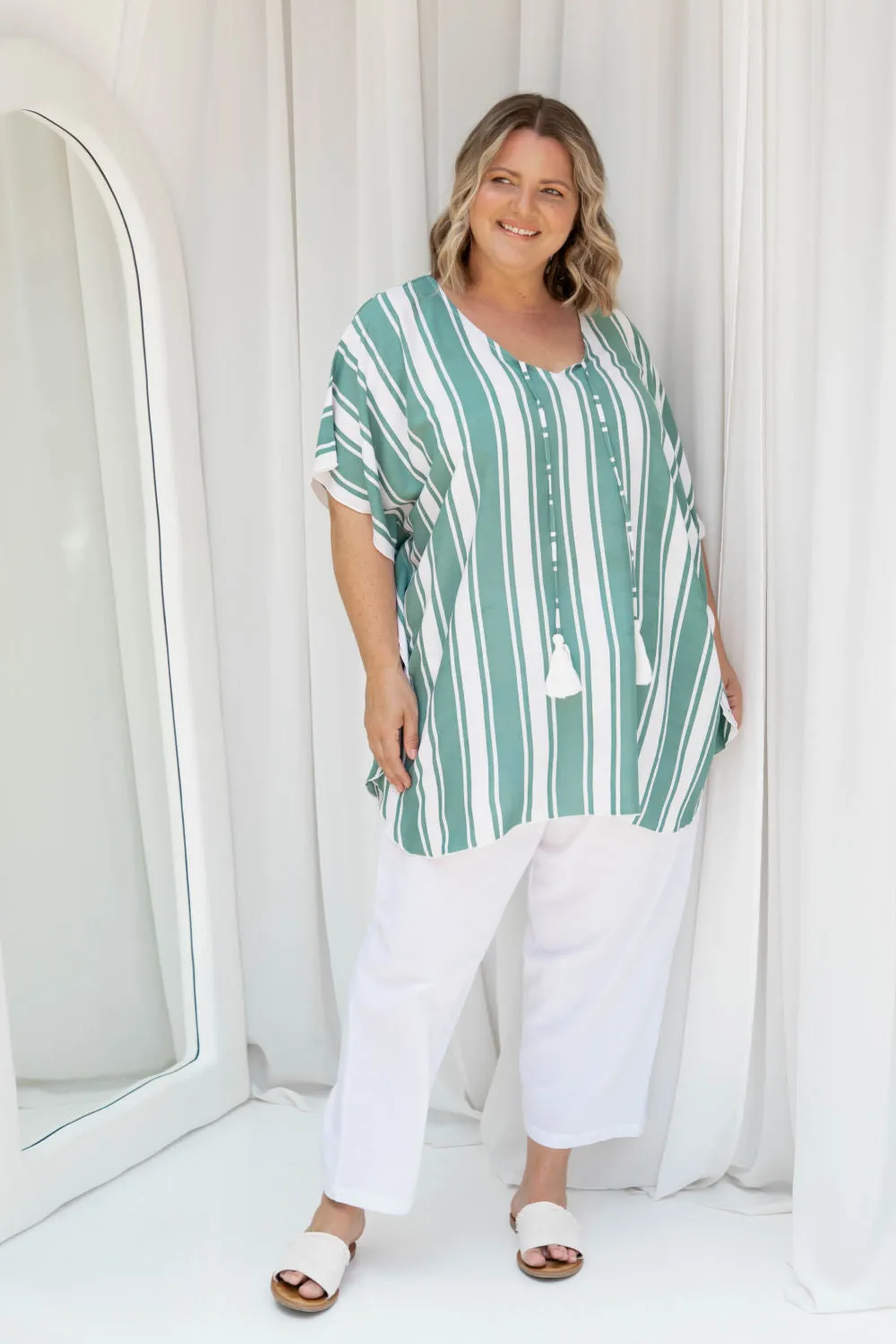 Kaftan Top - Sage Green and White Stripe