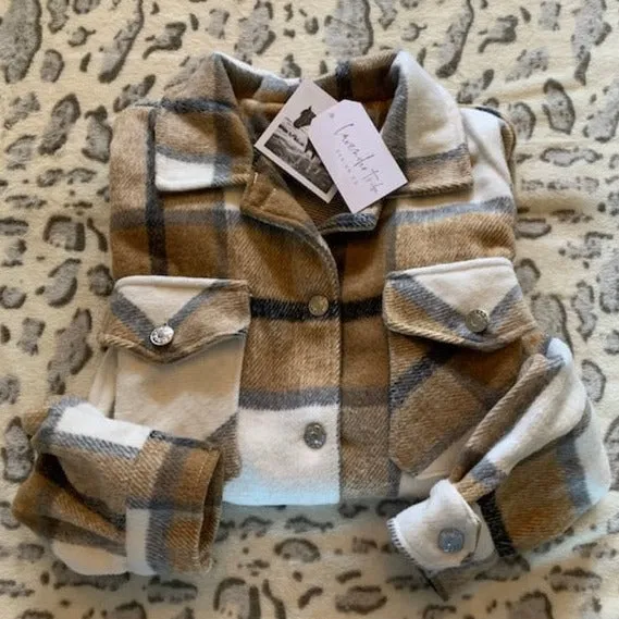 Ketchum Tan Plaid Button Front Shirt Jacket Flannel Shacket