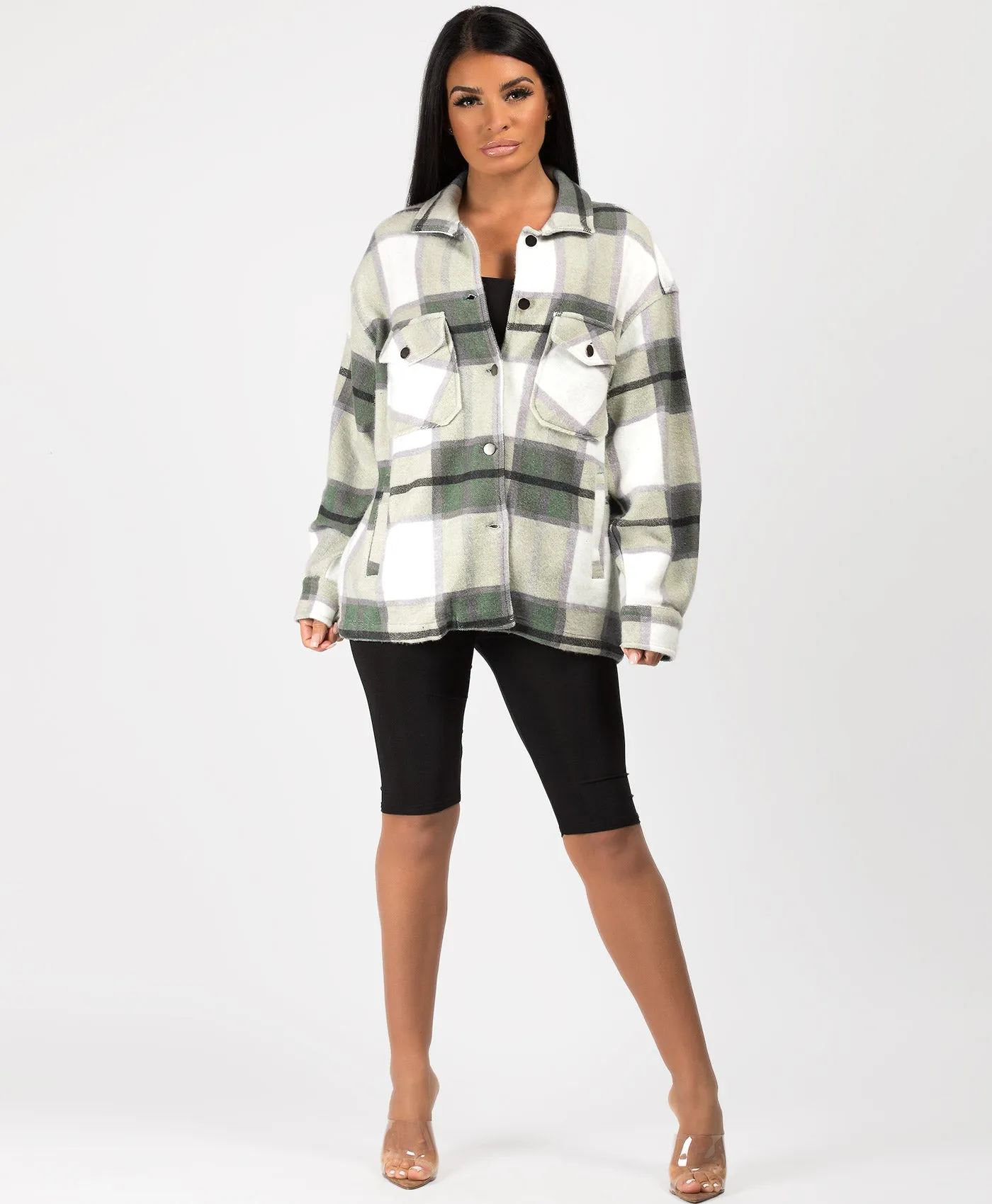 Khaki Fleece Oversized Check Shirt Shacket