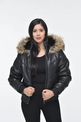 Ladies Faux Leather V Bomber Jacket with Detachable Faux Fur Hood (READ DESCRIPTION) - Black