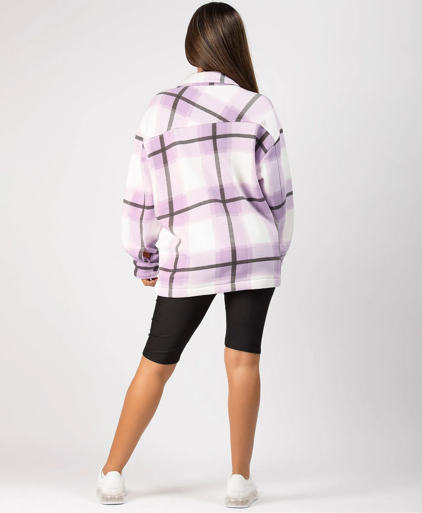 Lilac Fleece Oversized Check Shirt Shacket