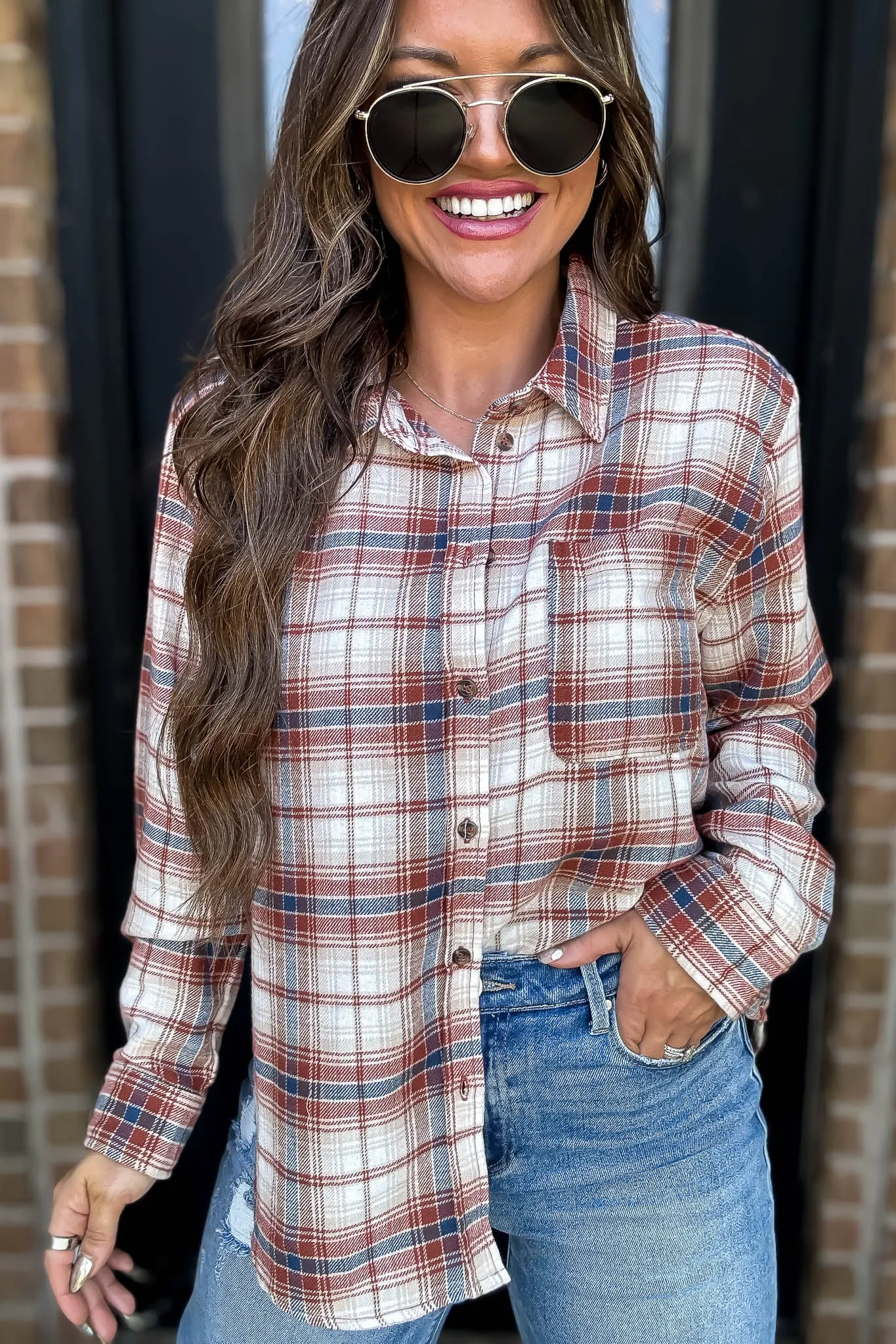 Long Plaid Terra Print Button Down Shirt