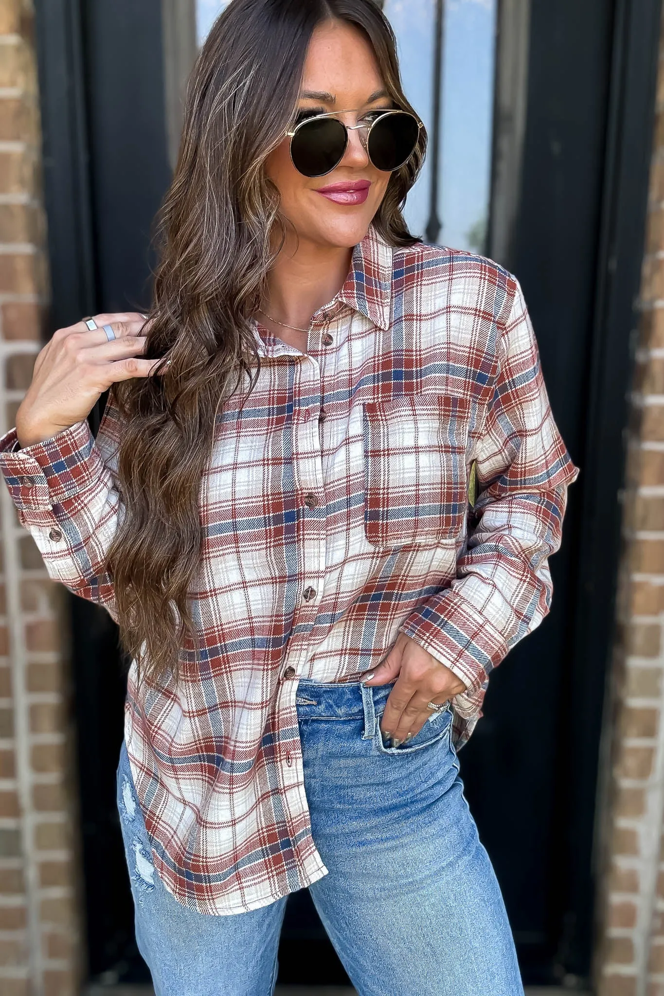 Long Plaid Terra Print Button Down Shirt