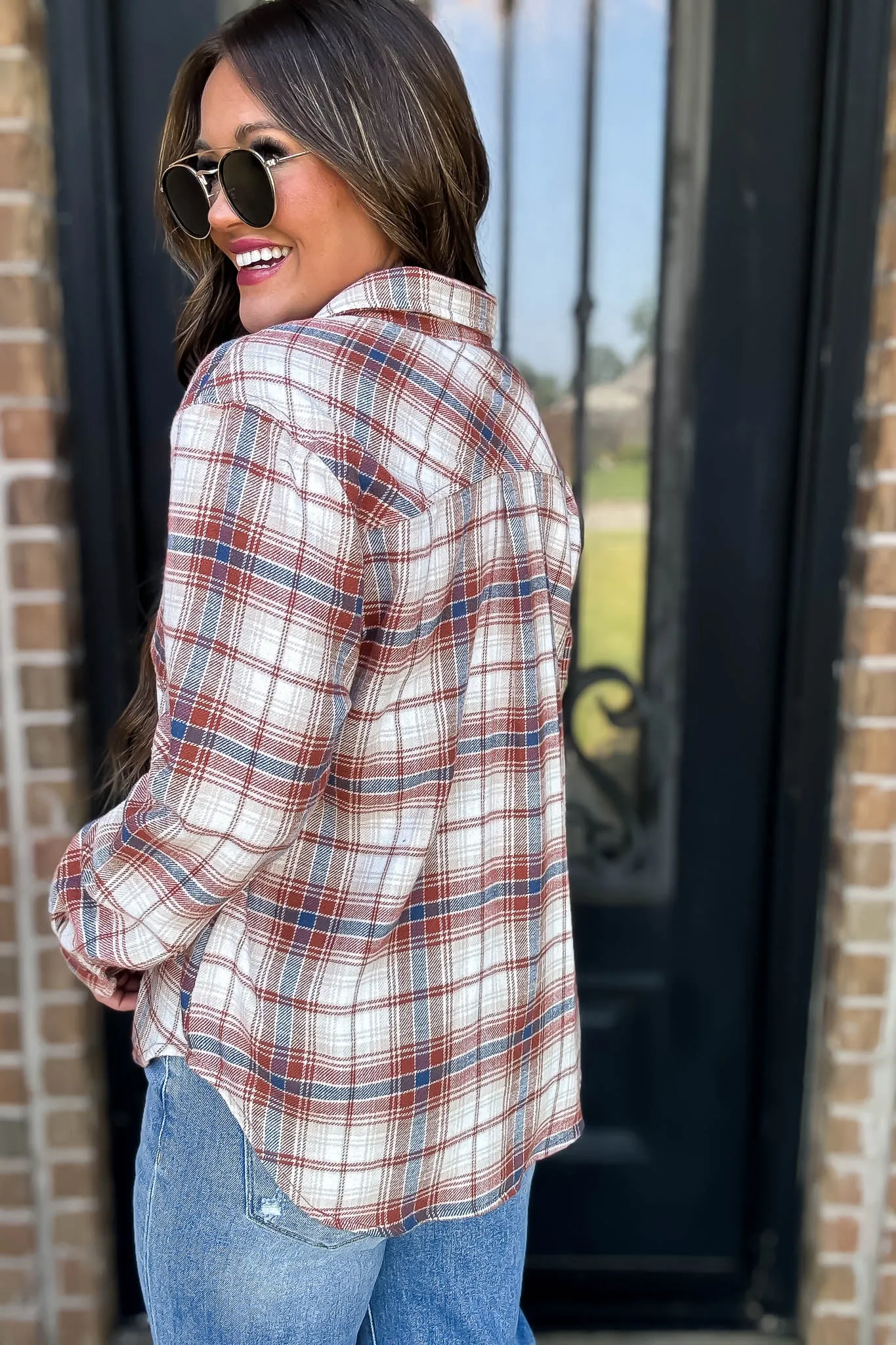 Long Plaid Terra Print Button Down Shirt