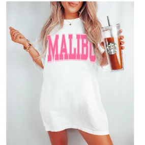 Malibu Comfort Colors® T-Shirt, T-Shirt Dress, Retro Arched Varsity Letters Design Tee, Oversized print, Spring or Summer Beach T-Shirt