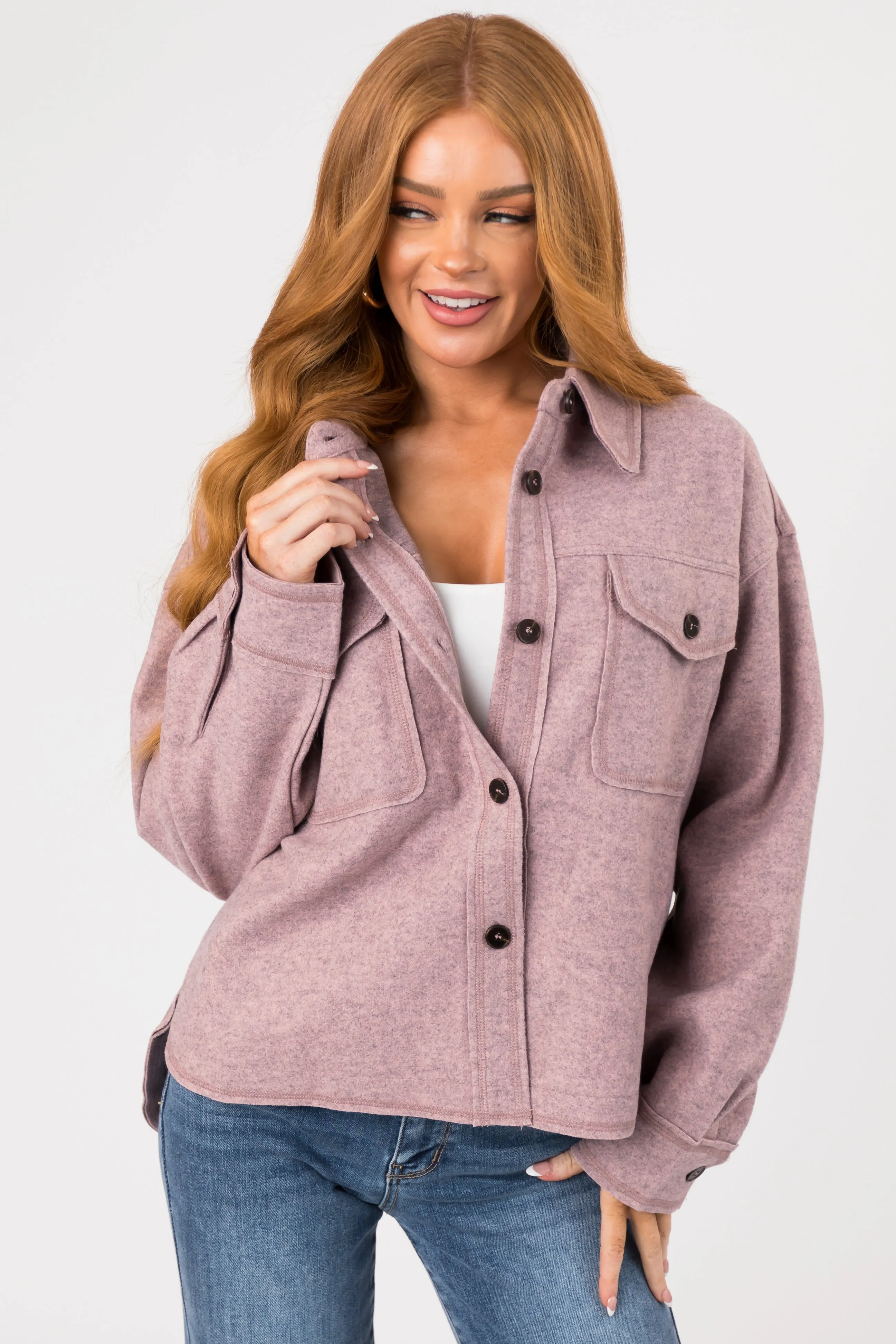 Mauve Button Up Shirt Jacket with Front Pockets