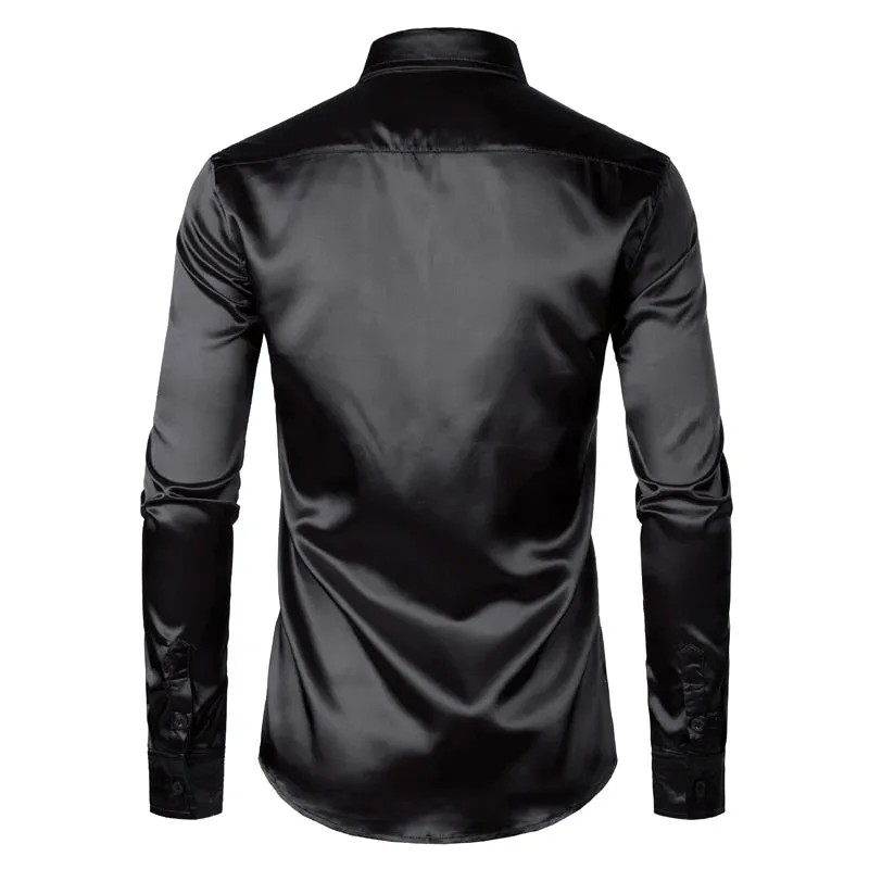 MC - Men’s Black Satin Shirt: Luxury silk smooth tuxedo shirt, slim fit for weddings and parties