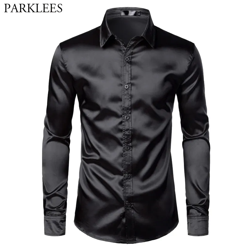 MC - Men’s Black Satin Shirt: Luxury silk smooth tuxedo shirt, slim fit for weddings and parties