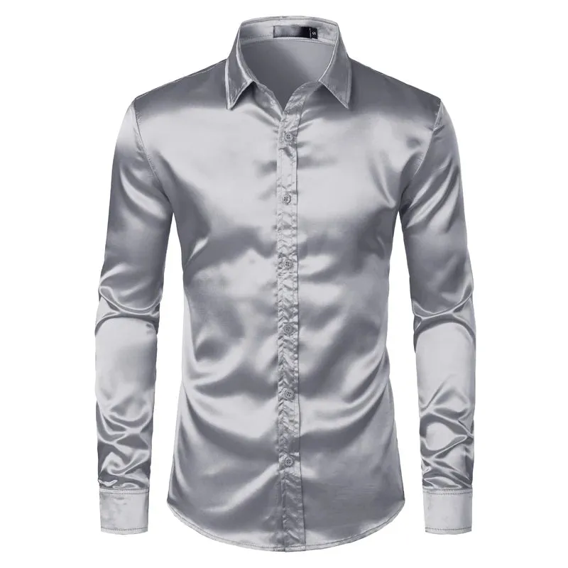 MC - Men’s Black Satin Shirt: Luxury silk smooth tuxedo shirt, slim fit for weddings and parties