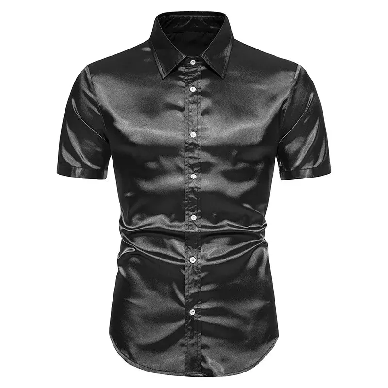 MC - Men’s Black Satin Shirt: Luxury silk smooth tuxedo shirt, slim fit for weddings and parties