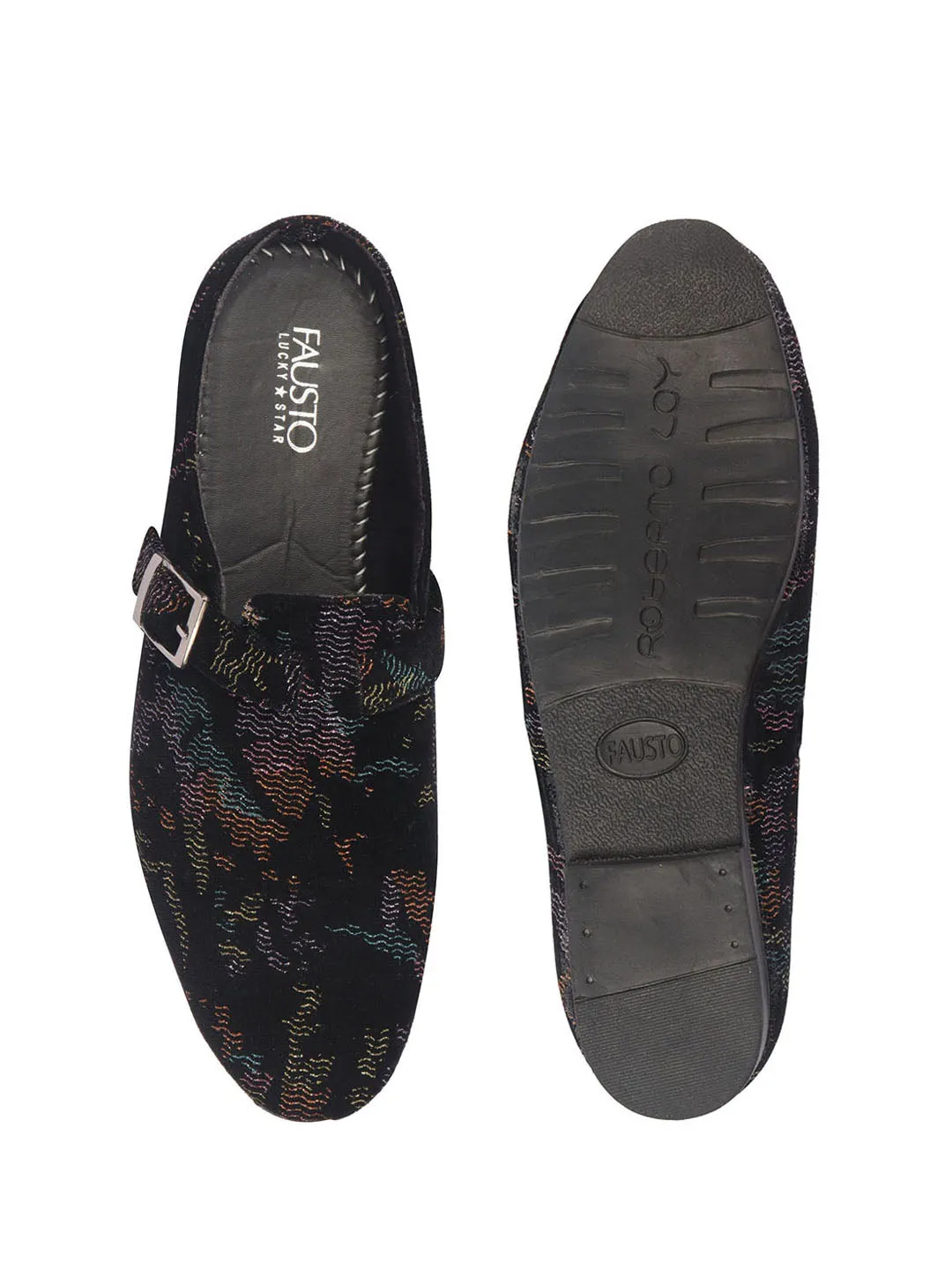 Men Black Abstract Print Back Open Velvet Ethnic Kurta Shoes Mojaris with Side Adjustable Strap|Festive Shoes Slip On