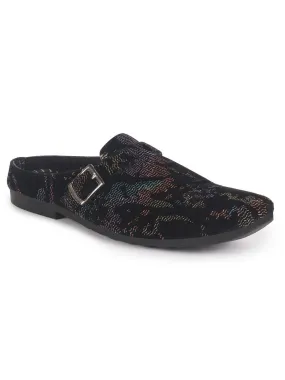 Men Black Abstract Print Back Open Velvet Ethnic Kurta Shoes Mojaris with Side Adjustable Strap|Festive Shoes Slip On