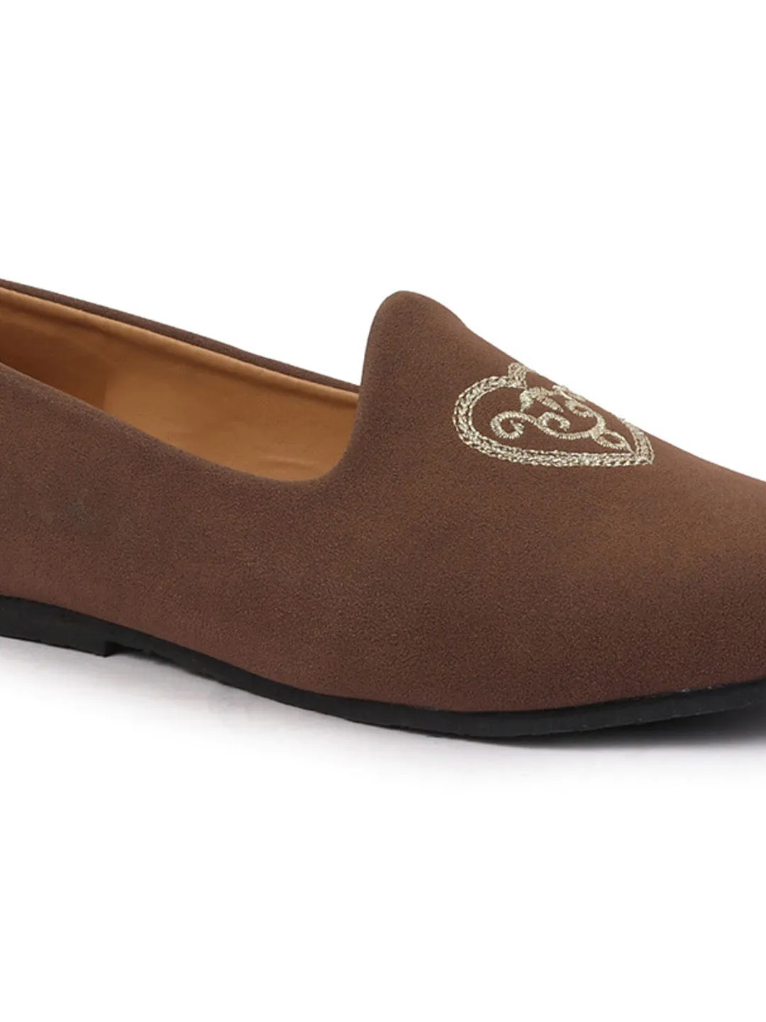 Men Brown Traditional Ethnic Embroidered Design Velvet Slip On Juttis & Mojaris For Party|Wedding|Festival