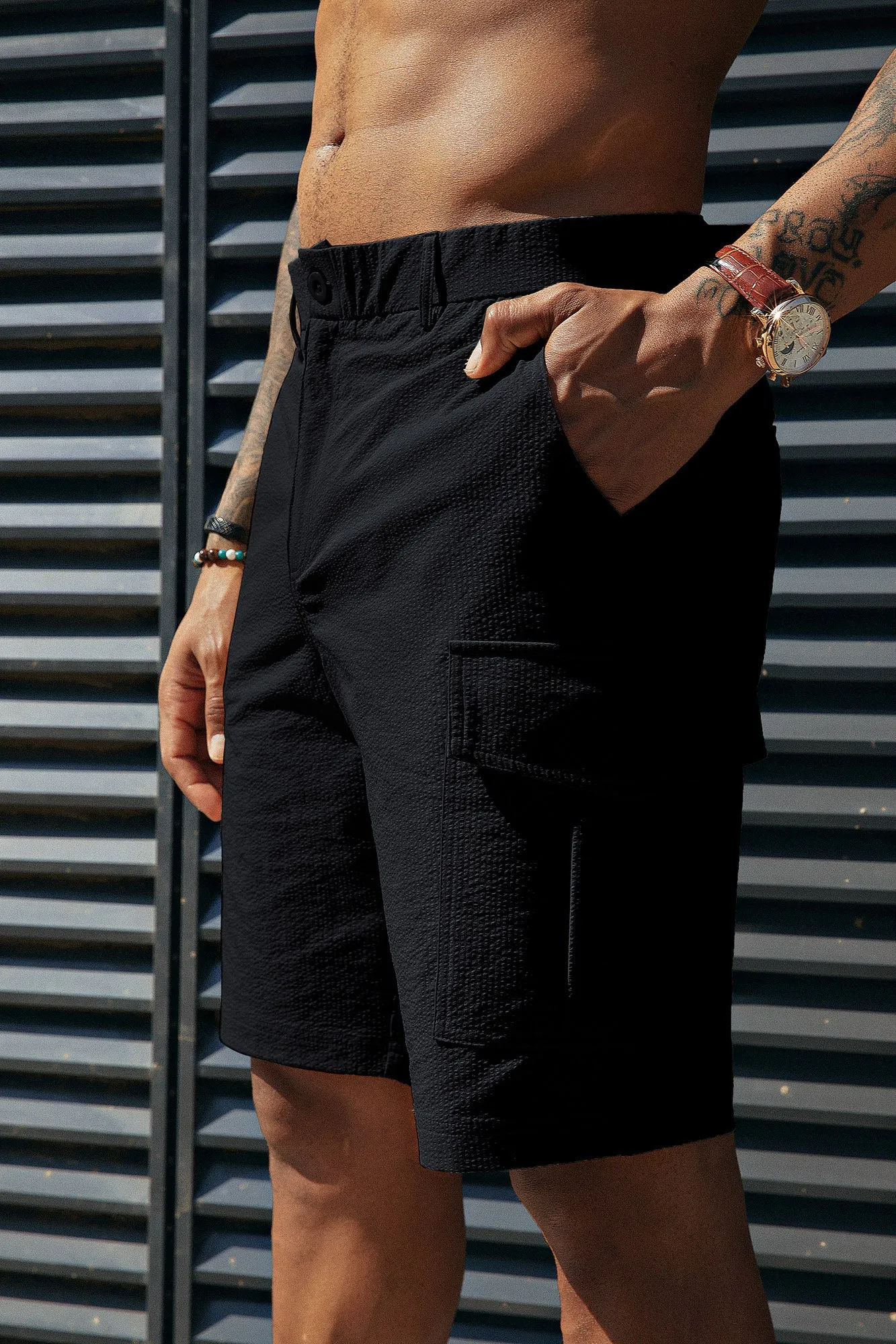 Men Multi-Pocket Shorts Casual Elastic Waist Above Knee Short Pants