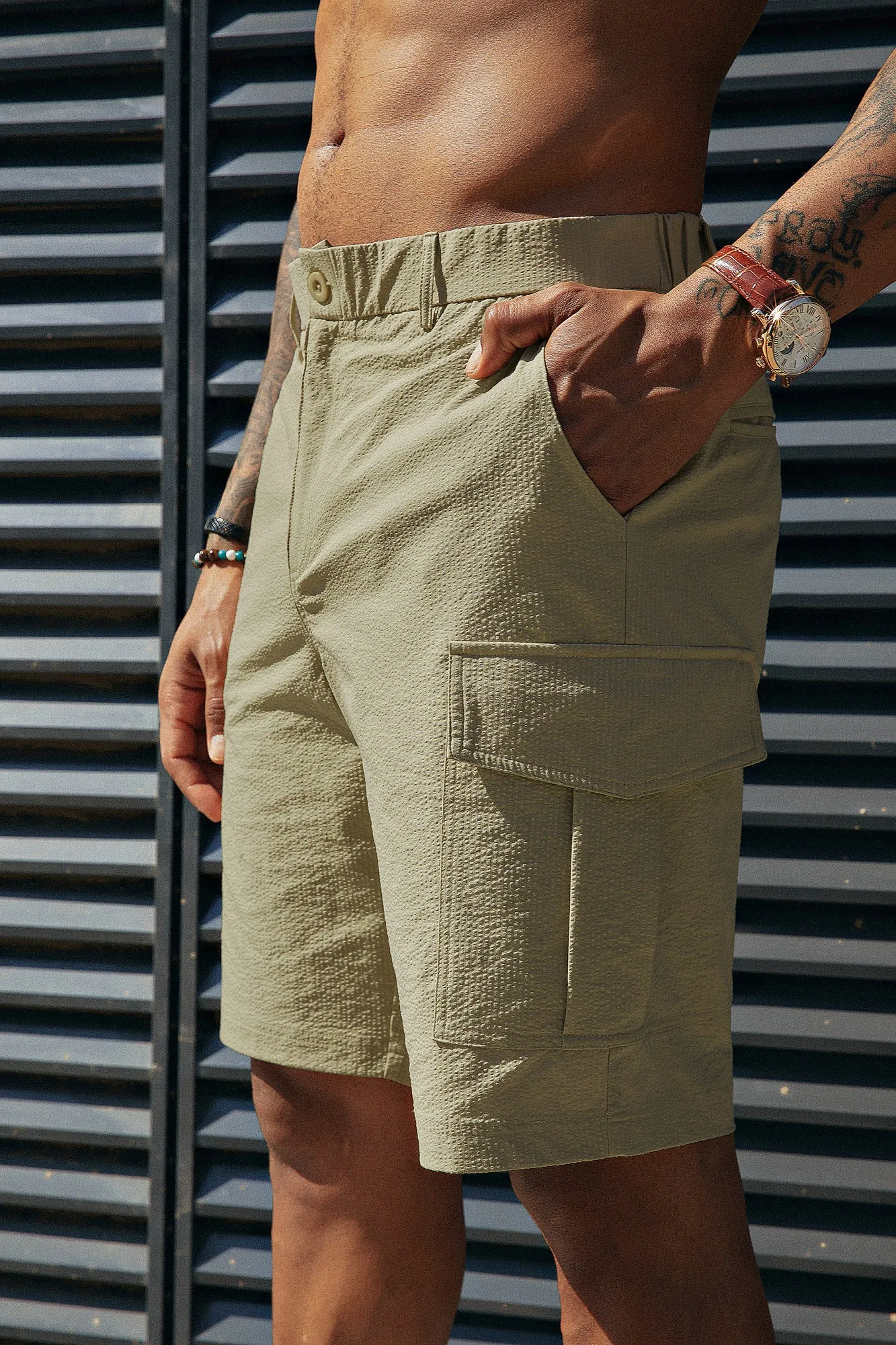 Men Multi-Pocket Shorts Casual Elastic Waist Above Knee Short Pants