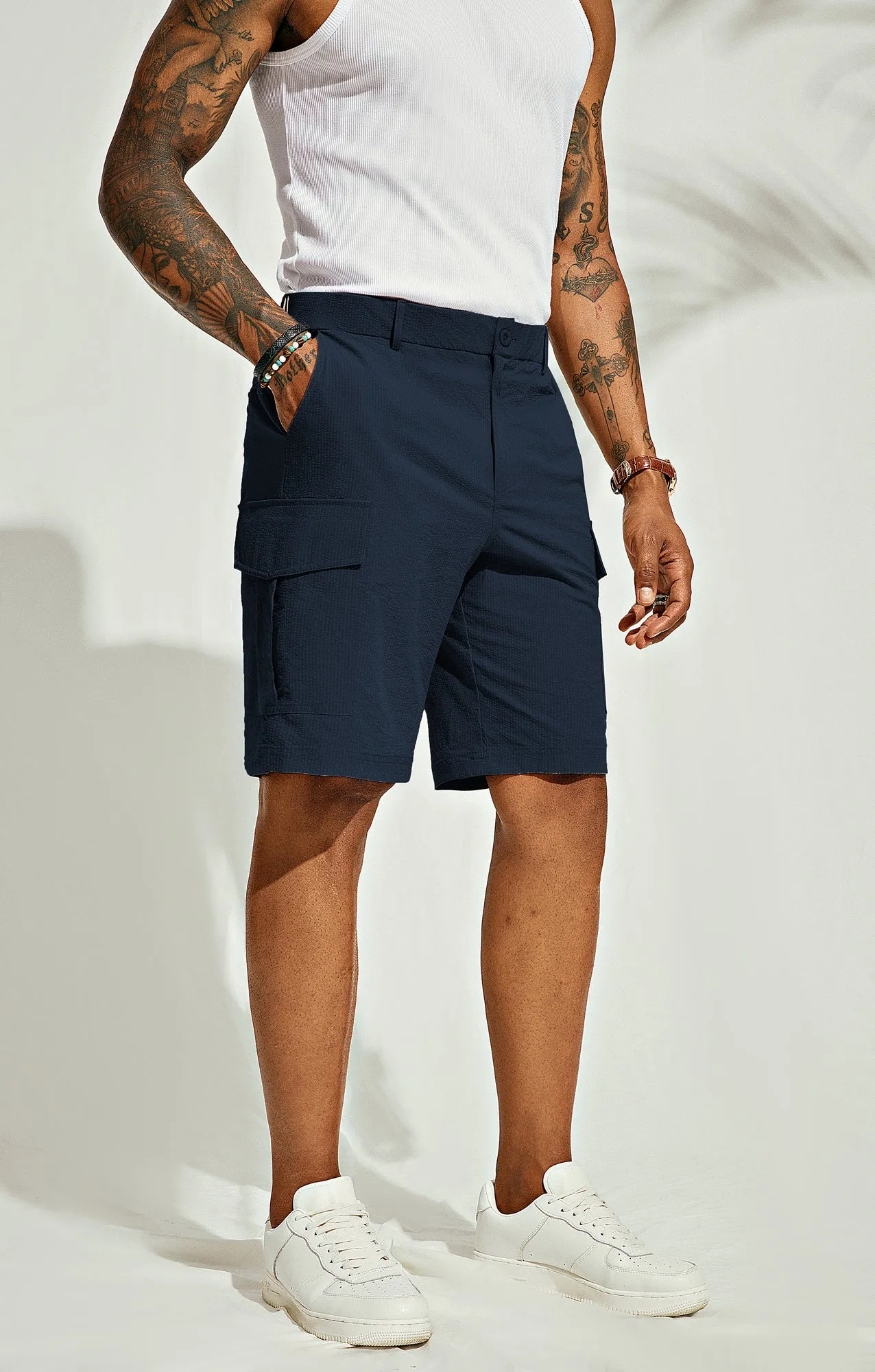 Men Multi-Pocket Shorts Casual Elastic Waist Above Knee Short Pants