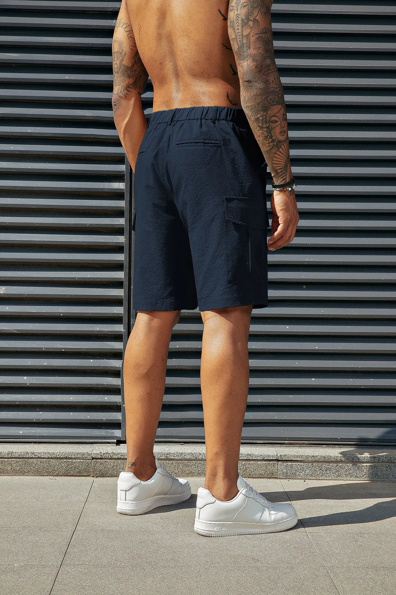 Men Multi-Pocket Shorts Casual Elastic Waist Above Knee Short Pants