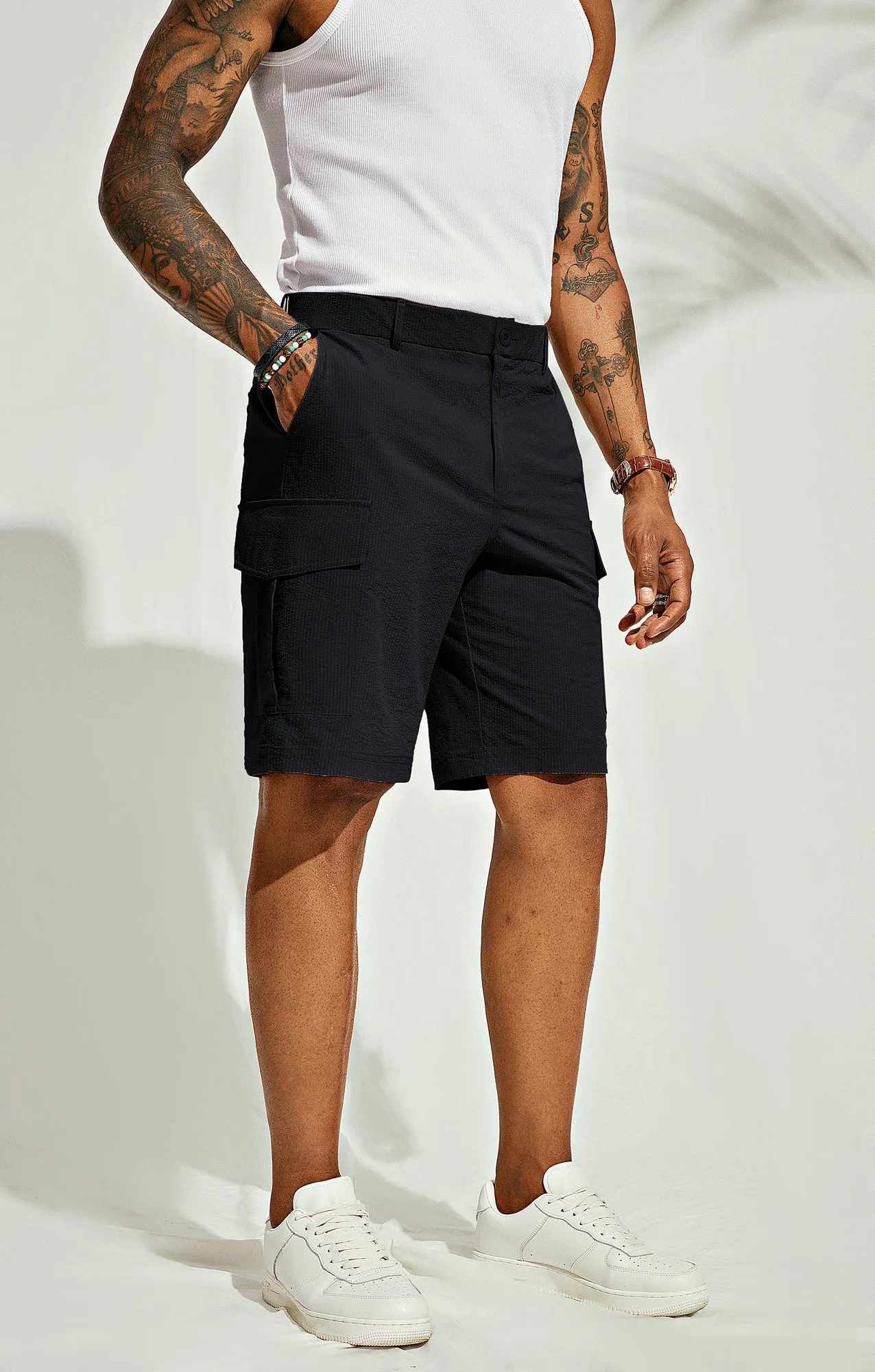 Men Multi-Pocket Shorts Casual Elastic Waist Above Knee Short Pants