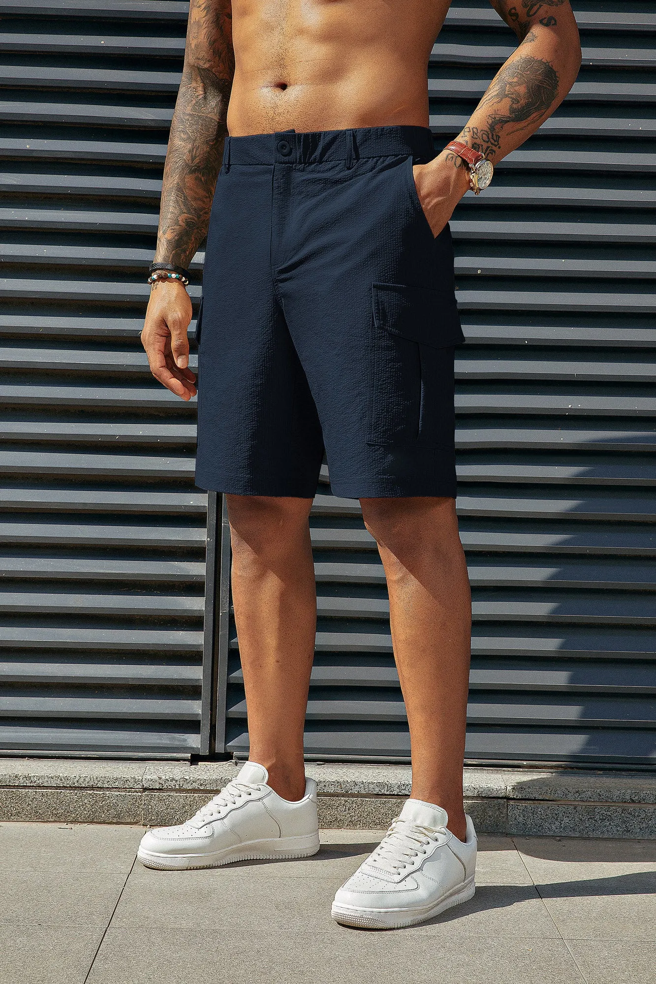 Men Multi-Pocket Shorts Casual Elastic Waist Above Knee Short Pants