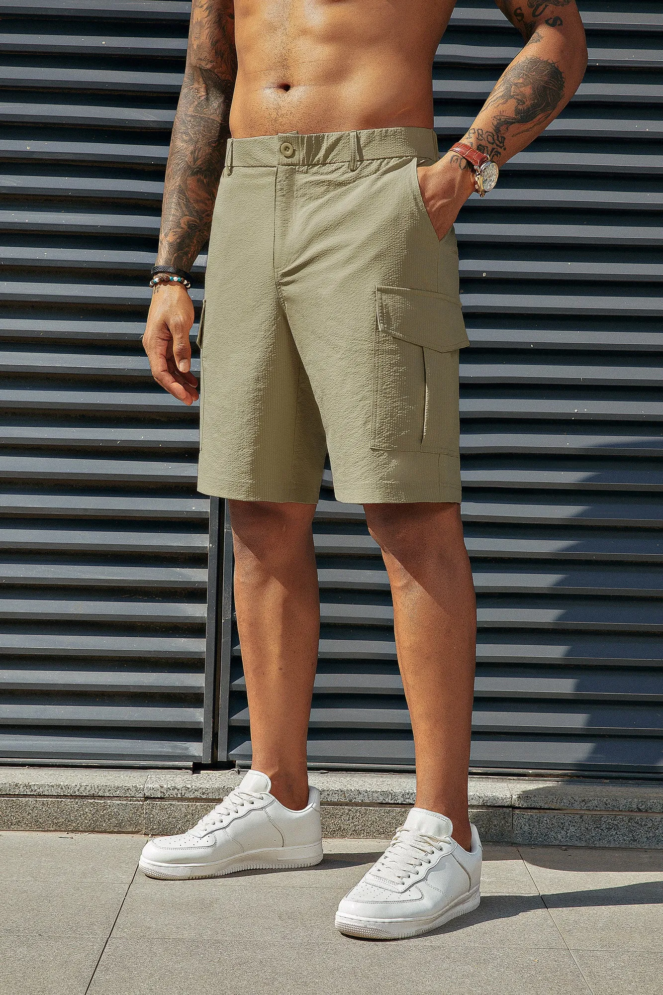 Men Multi-Pocket Shorts Casual Elastic Waist Above Knee Short Pants