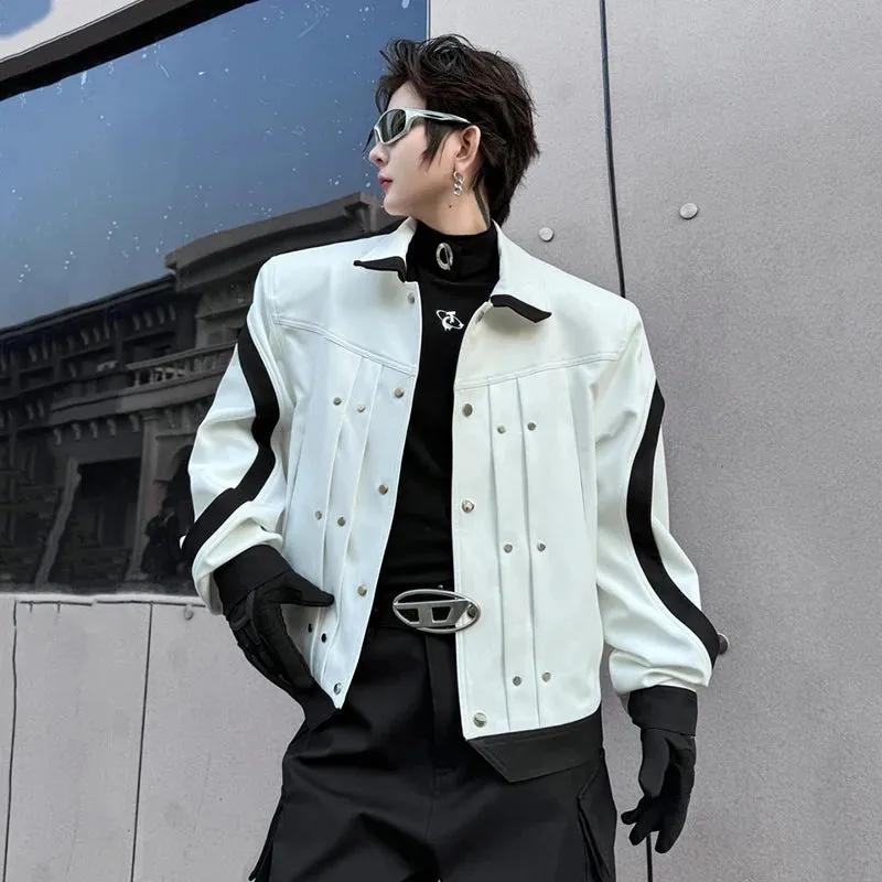 Men's Casual Jacket Coat Rivet 2024 New Fashion Turn-down Collar Single Breasted Contrast Color Male Clothing 9C5217