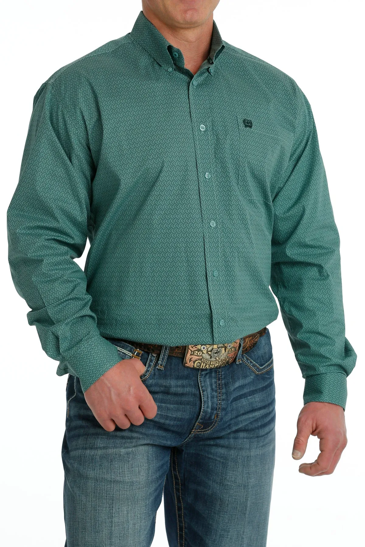 Men's Cinch Geometric Print Turquoise Button Long Sleeve Shirt - MTW1105706