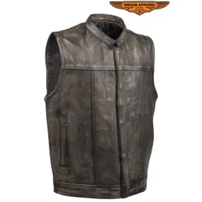 Mens Distressed Brown Leather Motorcycle Club Vest