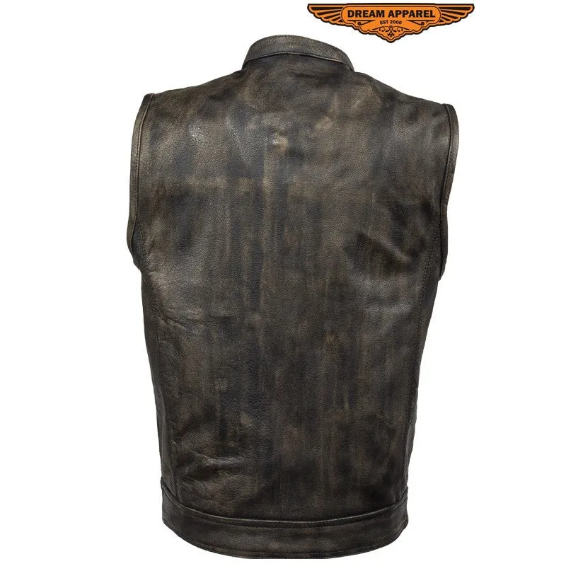 Mens Distressed Brown Leather Motorcycle Club Vest