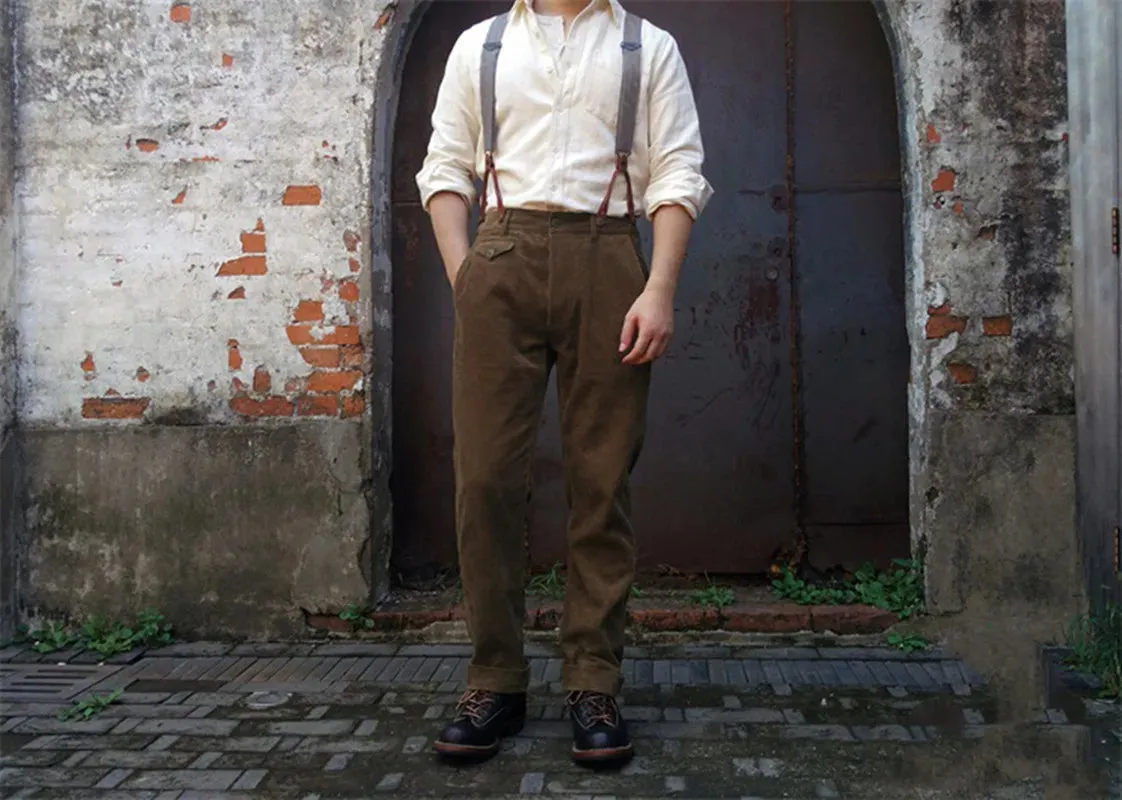 Men's High Waist Straight Corduroy Pants Classic Cargo Trousers