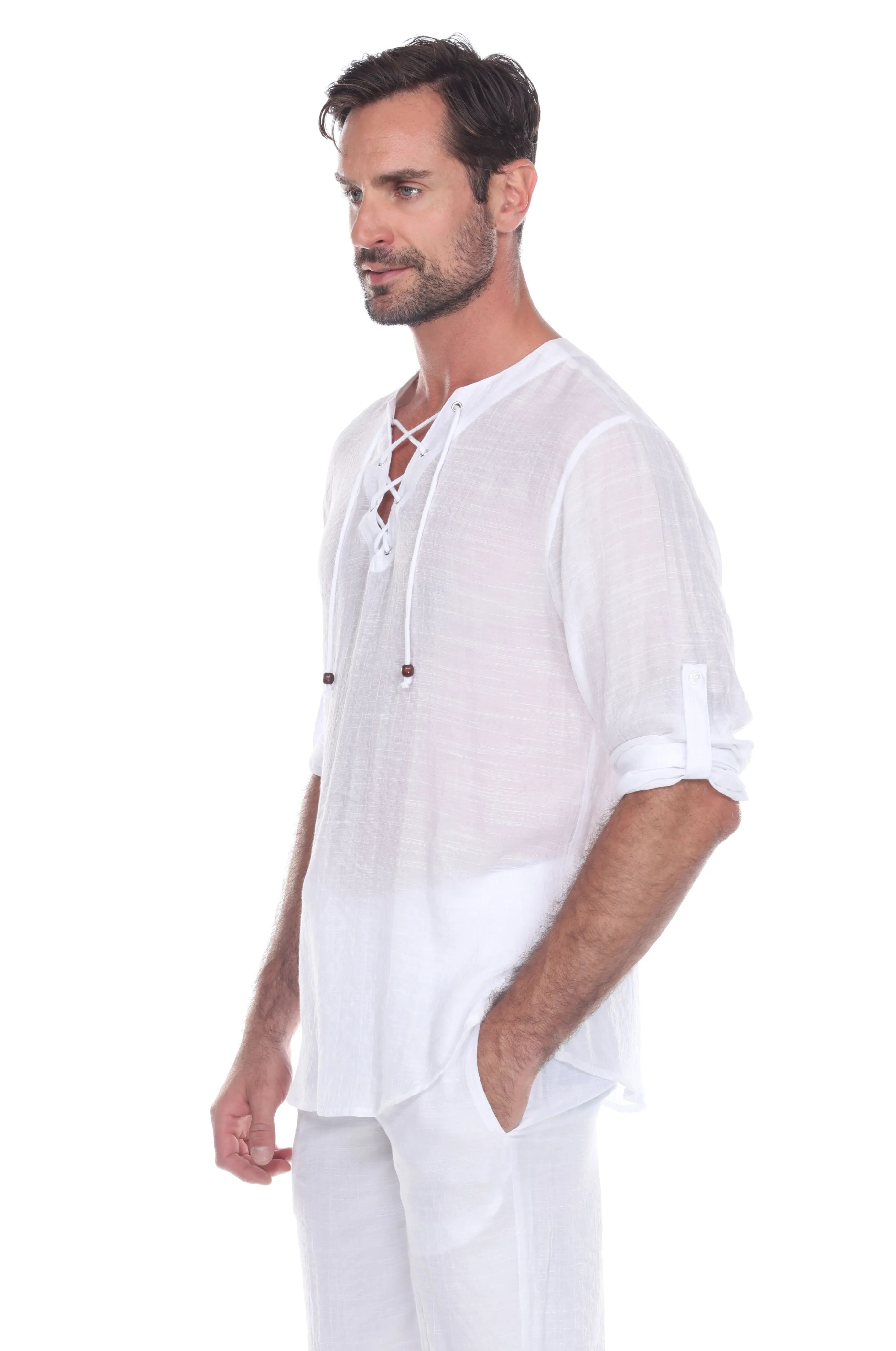 Men's Laced Up Beachwear Long Sleeve Shirt