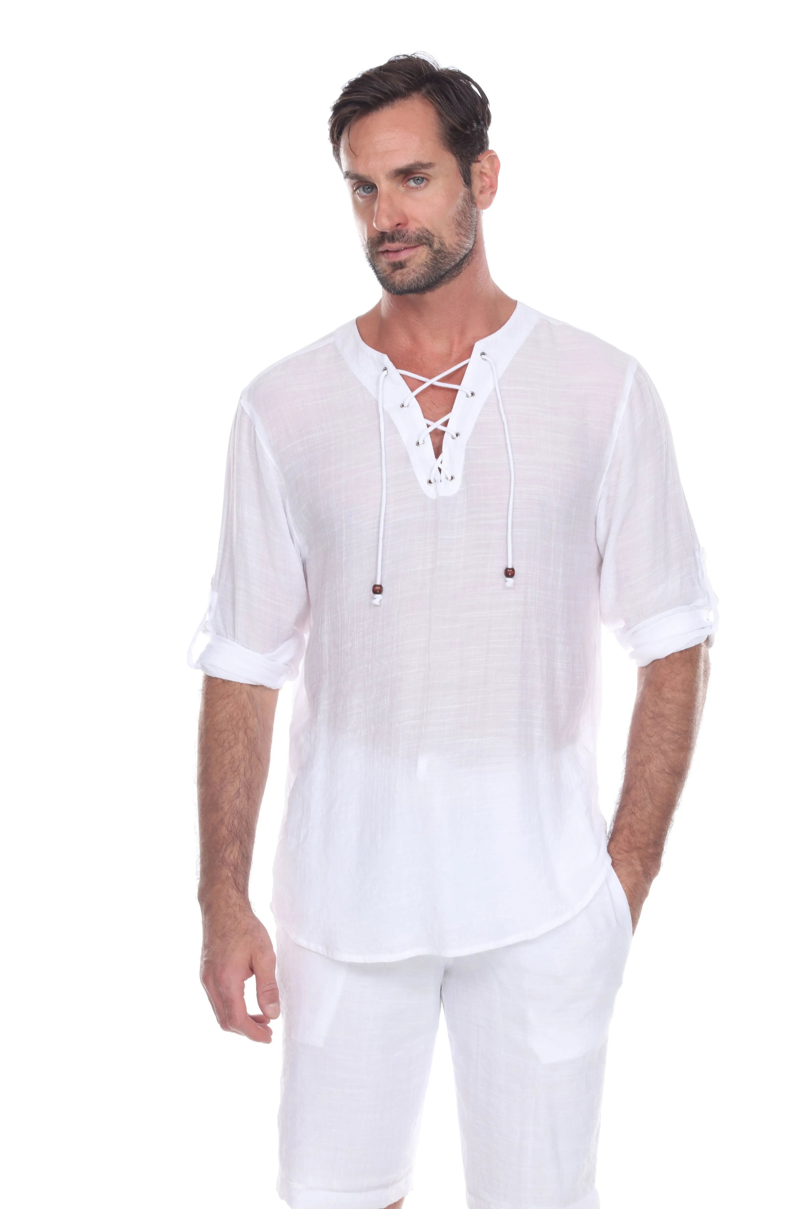 Men's Laced Up Beachwear Long Sleeve Shirt