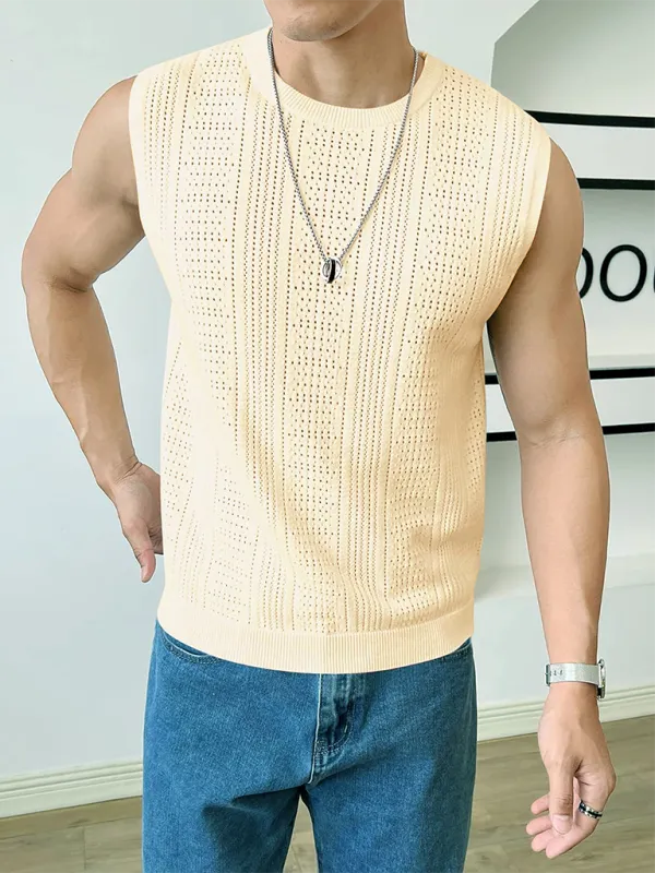 Men's new solid color sweater fashionable sleeveless top hollow breathable round neck casual vest