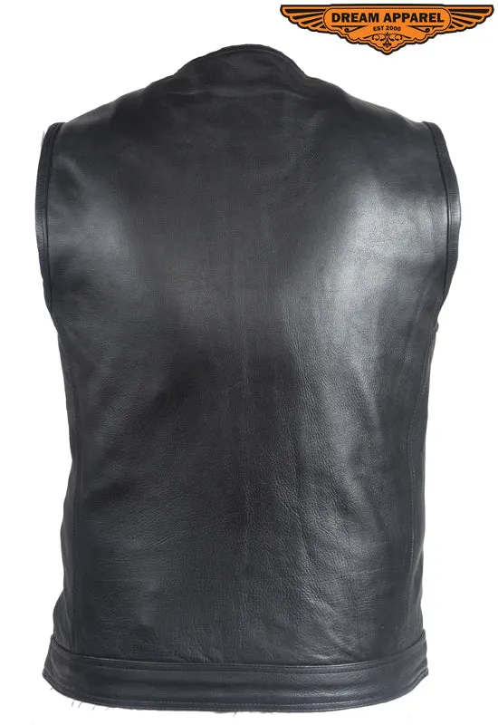 Mens No Collar Leather Motorcycle Club  Vest With Black Liner