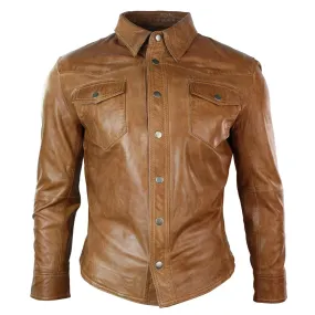 Mens Real Leather Shirt Jacket Tan Brown Black Slim Fit Casual Retro Vintage