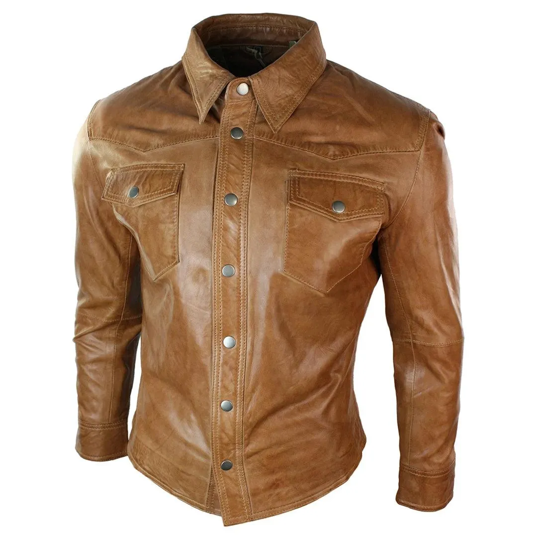 Mens Real Leather Shirt Jacket Tan Brown Black Slim Fit Casual Retro Vintage