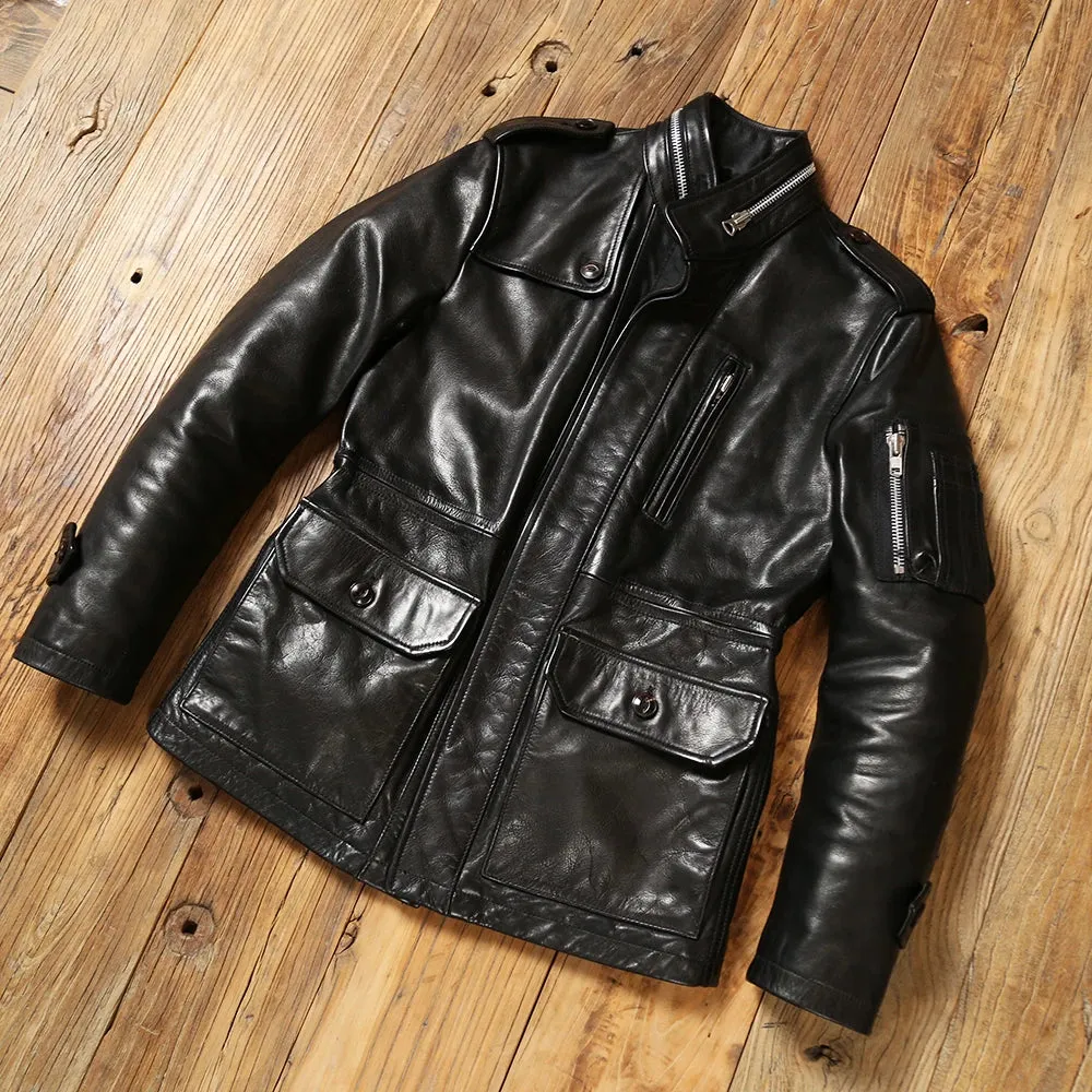 Men's Safari Leather Jacket Cowhide Military Style Outwear