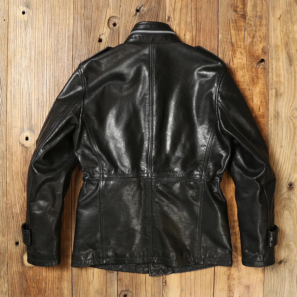 Men's Safari Leather Jacket Cowhide Military Style Outwear