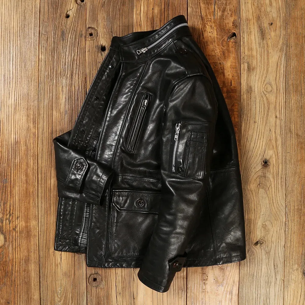 Men's Safari Leather Jacket Cowhide Military Style Outwear