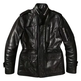 Men's Safari Leather Jacket Cowhide Military Style Outwear