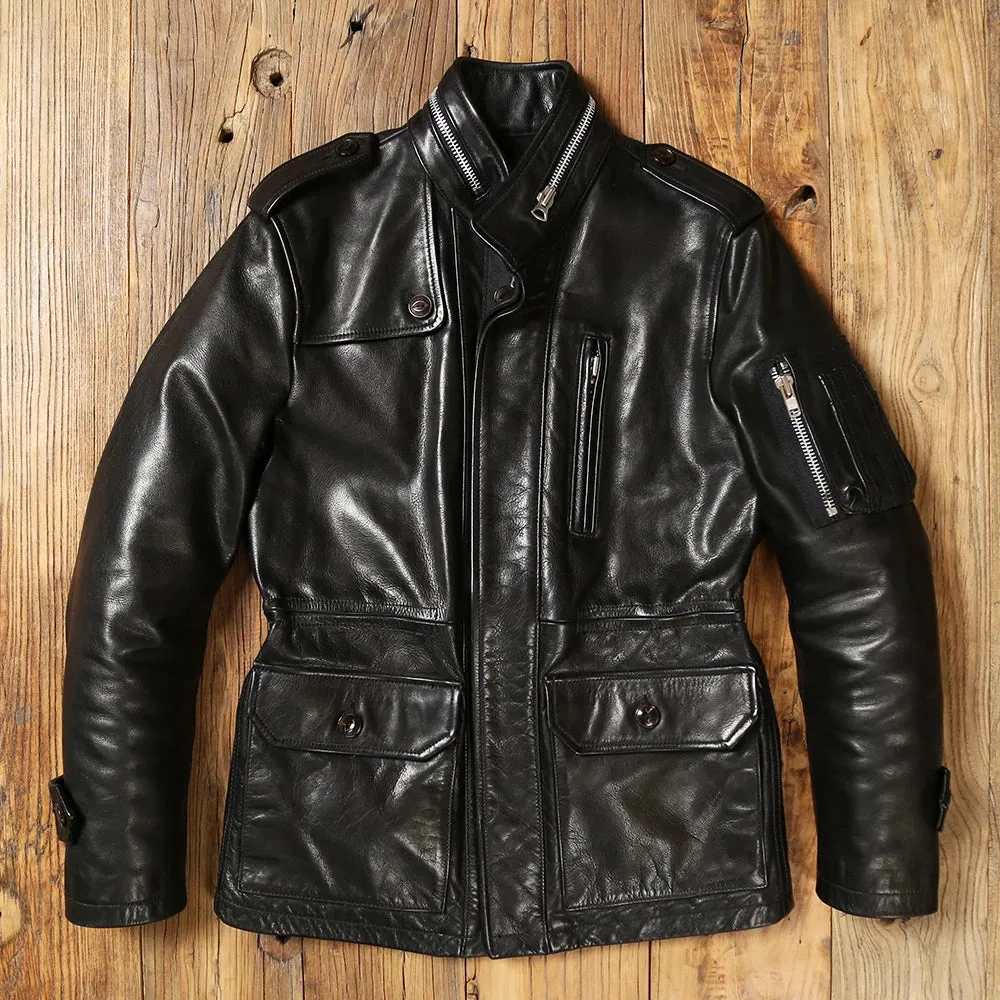 Men's Safari Leather Jacket Cowhide Military Style Outwear