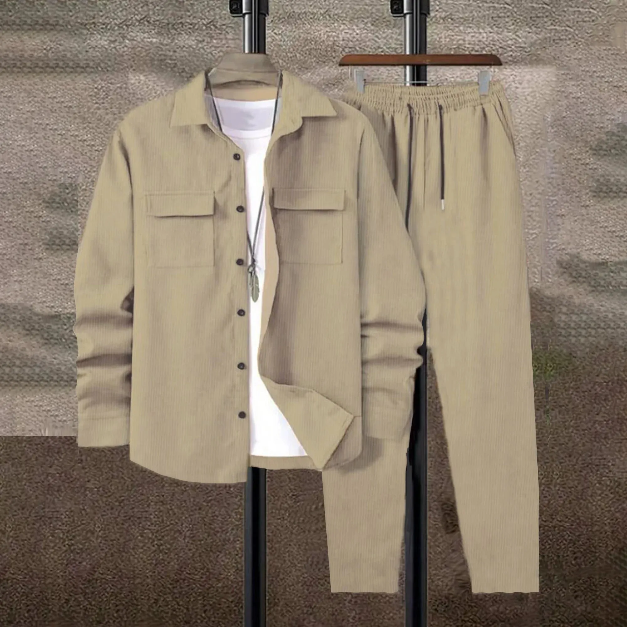 Men's Solid Color Corduroy Long Sleeve Shirt And Pants Sets