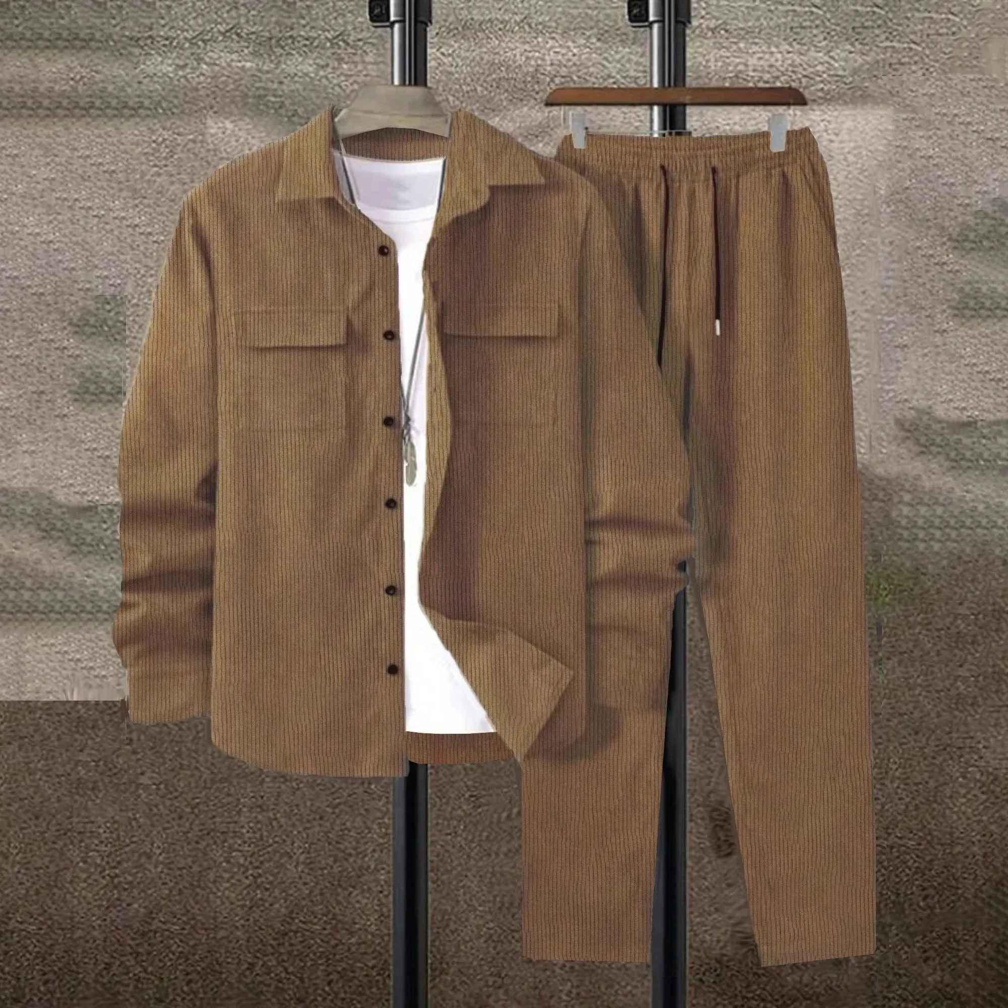 Men's Solid Color Corduroy Long Sleeve Shirt And Pants Sets