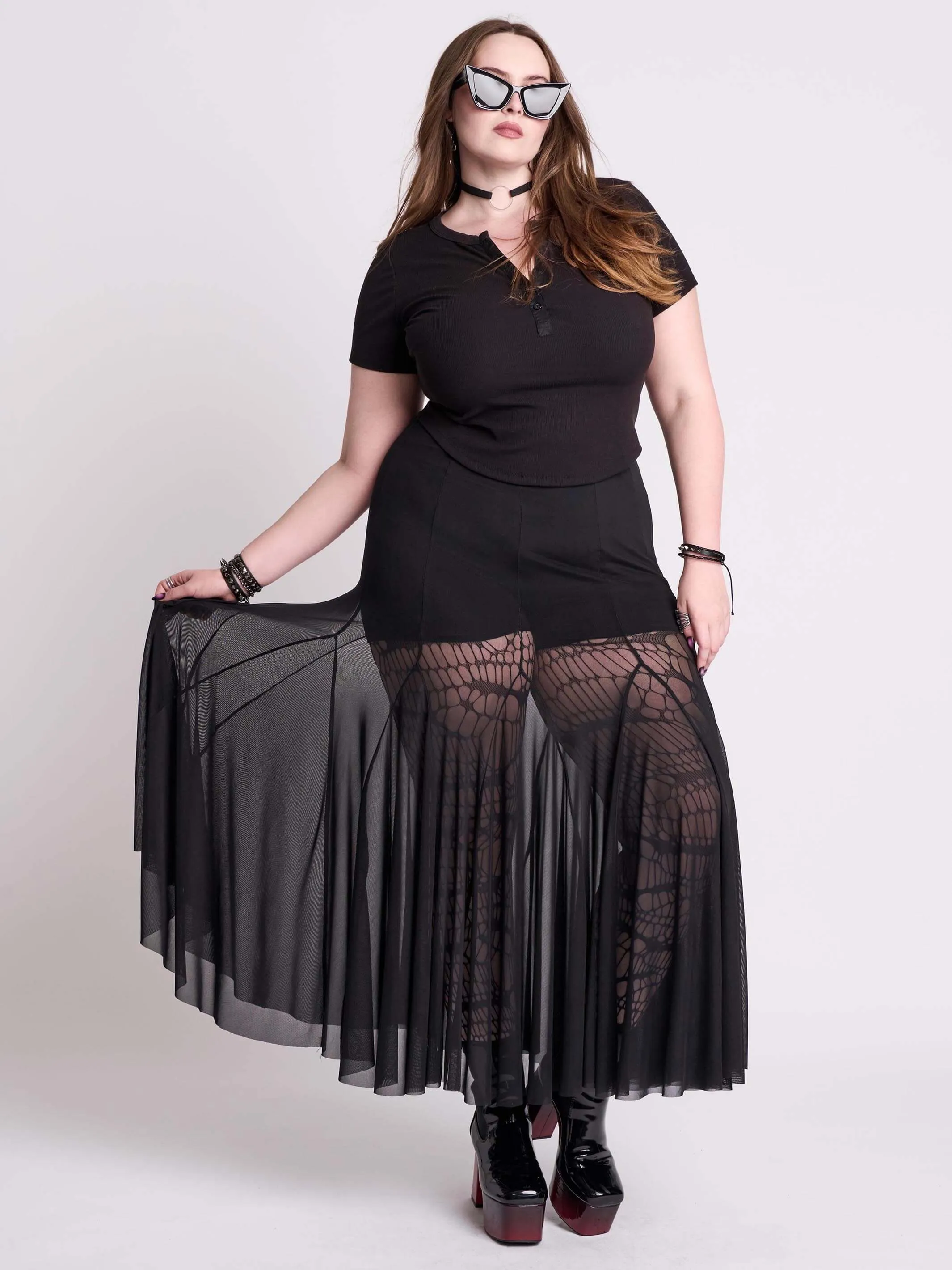 Mesh Godet Maxi Skirt