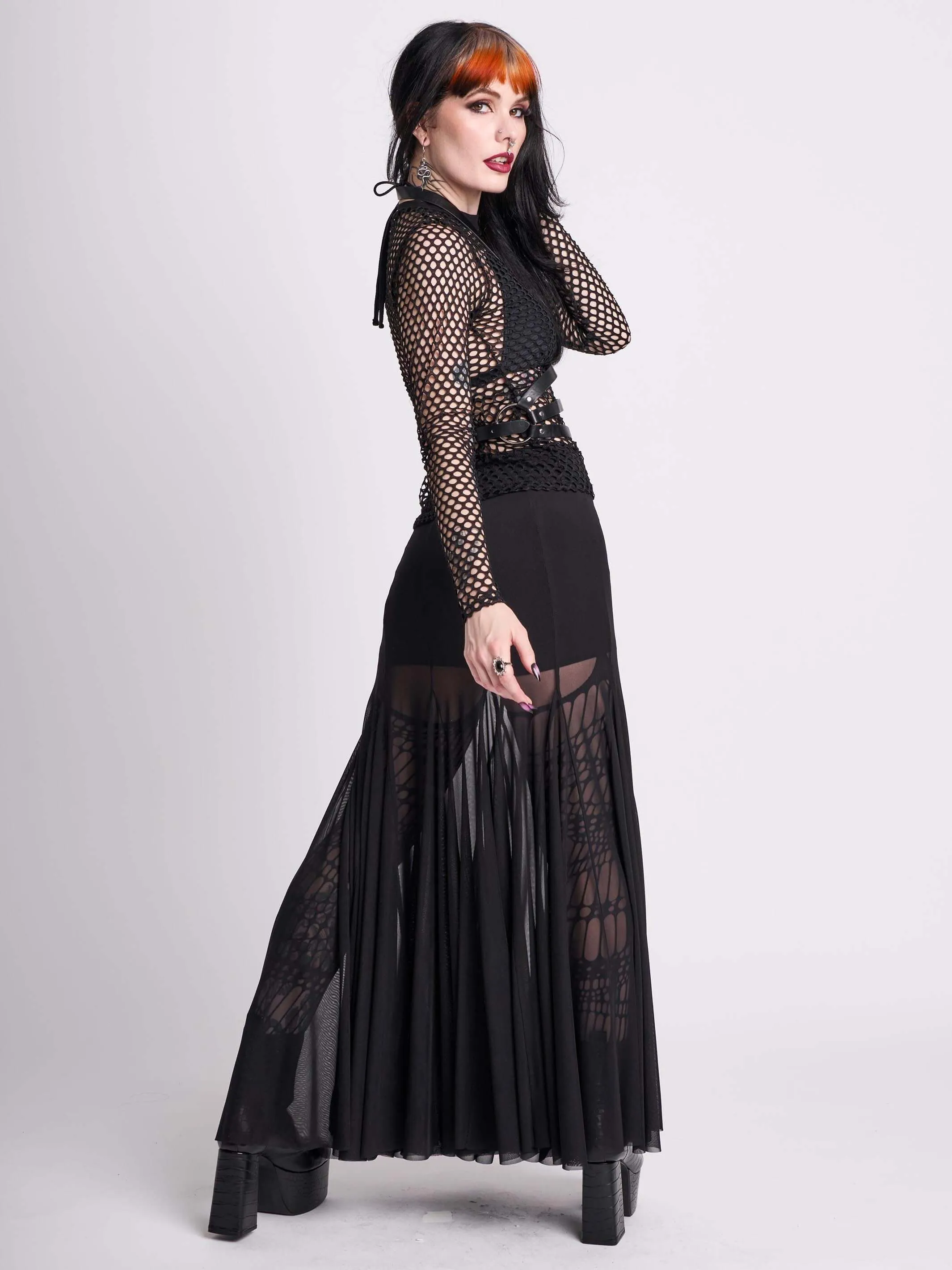 Mesh Godet Maxi Skirt