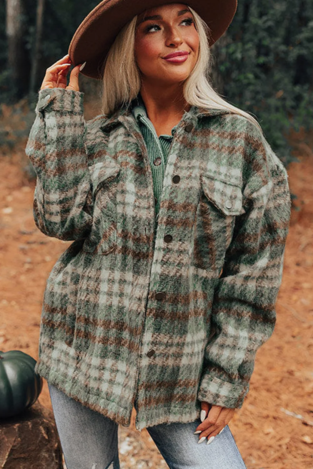 Mist Green Plaid Print Chest Pockets Turn Down Collar Shacket